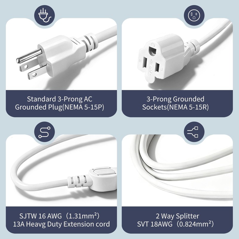 3 Prong Outlet Splitter Extension Cord,1-to-3 Indoor Outdoor Extension Cord