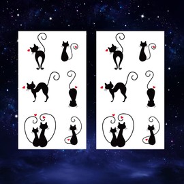 Oottati Small Cute Temporary Tattoo Sticker Set of 2 - Black Cat Tail Totem Love Heart Couple Designs for Hand Neck Face Wrist, Waterproof Fake Body Art, Simple & Modern Unisex Skin Decals