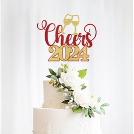 Bejotaa - Decoración para tartas de Año Nuevo 2024, decoración para fiestas de Año Nuevo, Navidad, felices fiestas (Cheers Gold and Red)