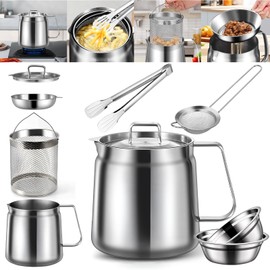 2L Stainless Steel Oil Filter Pot, 2 in 1 Oil Strainer Pot, Bacon Grease Saver with Strainer, Frying Basket, Filter, Mixing Bowls and Clip, Versatile Bacon Grease Container for Kitchen Storing Grease