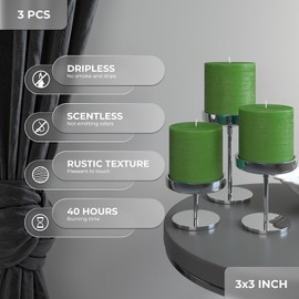 CANDWAX 3x3 Pillar Candle Set of 3 - Decorative Rustic Candles Unscented and No Drip Candles - Ideal as Home Decor Candles or Large Candles for Home Interior - Grass Green Candles