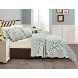 Brilliant Sunshine Multi Blue and Beige Floral Patchwork, 3-Piece Quilt Set with 2 Shams, Reversible Bedspread, Soft Lightweight Coverlet, All-Season, Full/Queen, Blue White