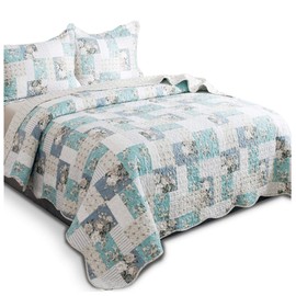 Kasentex Country-Chic Printed Pre-Washed Quilt Set - Microfiber Fabric Quilted Pattern Bedding (Multi-Aqua Green, King + 2 Shams)