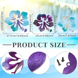CroBlissful 3 Pcs Hawaiian Metal Hibiscus Wall Art Rustic Tropical Hibiscus Flower Wall Decor Vintage Tropical Plant Plaque for Home Bathroom Office (Blue purple, Purple, Blue)