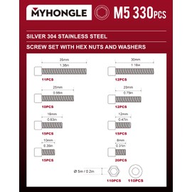 330 Pcs M5 Nuts and Bolts Set, Hex Socket Head Cap Screws Bolts and Nuts Set, Assorted Bolt and Nut Set with Washers, Stainless Steel Machine Screws Assortment Kit for Repair Fastener (M5-330)