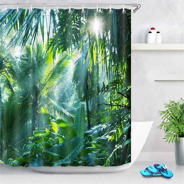 LB Shower Curtain, Green Banana Leaves in the Forest, Waterproof, Anti-Mould, Polyester Bathroom Curtains with 10 Hooks, Tropical Jungle Plant, 150 x 180 cm