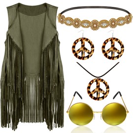 6 Pcs 60s 70s Outfits for Women Hippie Costume Set Peace Sign Earring Headband Fringe Vest Tassel Cardigan (Army Green,Medium)