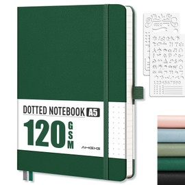 AHGXG Dotted Journal Notebook - A5 Hardcover Leather Bullet Dot Grid Notebook Journal, 120 GSM Thick Acid-Free Dotted Paper,160 Pages, Inner Pocket, Journal Stencil, 5.7'' × 8.3'' - Green
