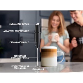 Nikah's Housepie Powerful Handheld Milk Frother, Mini Milk Frother Wand, Battery Operated Stainless Steel Milk Frother Stand for Milk Coffee, Lattes, Cappuccino, Frappe, Matcha, Hot Chocolate (RED)