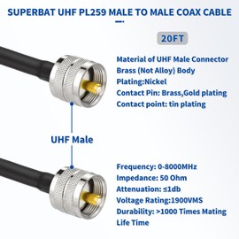 Superbat 20ft RG142 Coax Cable with UHF PL259 Connectors for CB Radio, Ham Radio, SWR Meter, Antenna Analyzer