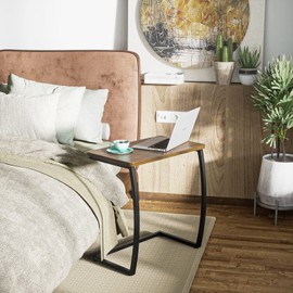 SRIWATANA Side Table, End Table, Vintage C-Shaped Couch Table for Sofa Laptop Coffee Snack, Walnut