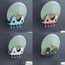 SOLBUM Pot Lid Organiser Pot lid organiser on the wall Wall Mounted Pot Lid Holders with Adjustable Hooks for Kitchen Wall Mount,Pot Lid Rack Rest Stand (Pink)