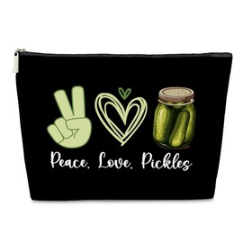 JioJio Chan Funny Pickle Gifts Makeup Bag for Women, Peace Love Pickles PU Leather Cosmetic Bag for Purse, Stuff & Makeup Pouch Gifts for Lovers