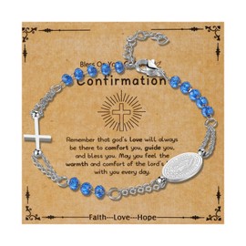 Oidea Virgin Mary Cross Rosary Bracelet: Silver Catholic Beaded Bracelets for Women Virgin of Guadalupe Adjustable Link Chain Bracelet Confirmation Jewelry Gifts, Blue Beads