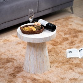 PEMAR Mother of Pearl Pedestal Side Table Modern Mushroom Minimalist Drink Accent End Table for Small Space, Bedside for Bedroom, Living Room, Hallway (White & Cream Sunlight)