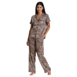 bebe Women's Silky Satin Bridesmaid Pajama Set – Button Down Short Sleeve Sleepwear in Luxe Patterns, Warm Taupe, Large