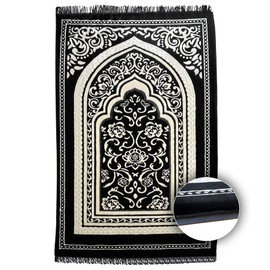 Modefa Orthopedic Islamic Prayer Rug | Large Padded Janamaz Sajjada | One Inch Thick Comfortable Soft Velvet Cushion Muslim Namaz Sajadah | Double Plush Foam (Floral Arch Black)