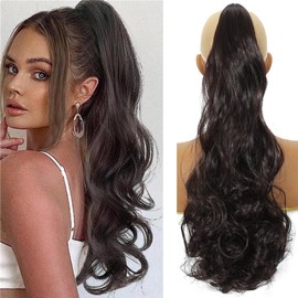 HENSLEELY 26Inch Black Brown Claw Wavy Ponytail Extension Long Curly Pony Tail Clip in Hair Extensions for Women Fluffy Synthetic Hairpiece for Daily Use(26Inch,4#)