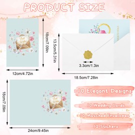 10 Sets Wedding Cards for Bride and Groom with Envelopes & Stickers 5”x7” Blank Greeting Notecards for Wedding Congratulations Bridal Showers Engagement Parties Newlywed