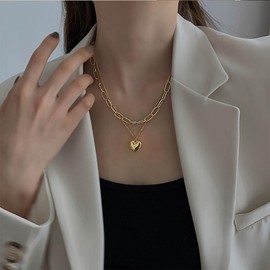 Cimenexe Bohemian Layered Heart Necklace Gold Heart Choker Necklace Love Heart Pendant Necklace Paperclip Link Chain Necklace Jewelry for Women and Girls Gifts