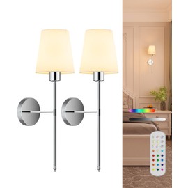 Battery Operated Wall Sconce Set of 2,Rechargeable Wall Lights with Dimmable Detachable Bulbs and Remote,15 Colors Wireless Wall Lamps for Bedroom Living Room Hallway,Nickel(2 Pack)