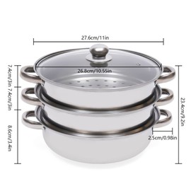 KONKENIE 3 Tier Food Steamer Stainless Steel Vegetable Meat Cooker Cooking Steam Pot Set with Glass Lid Kitchen Cookware Silver (11 * 6.3inch)
