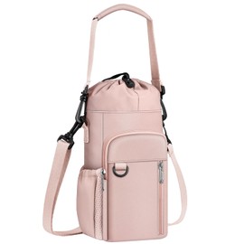 CaseBot Water Bottle Carrier Bag with Shoulder Strap, 32 40 oz Insulated Water Bottle Pouch Holder, Water Bottle Sleeve with Phone Pocket for Walking Hiking Picnic, Pink