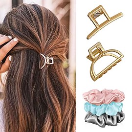 PUSCOBSY 5Pcs Metal Hair Claw Clips Mini Gold Hair Clamps Silk Satin Hair Scrunchies Elastic Hair Ties Hair Accessories for Women and Girls
