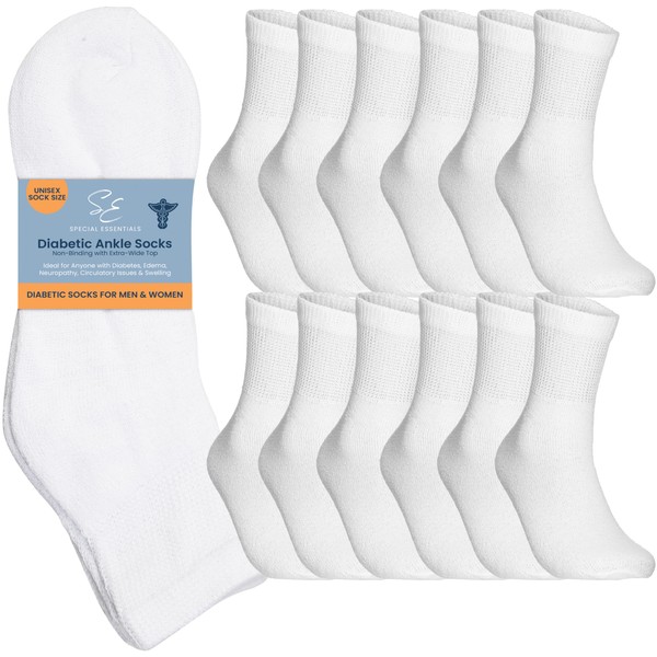 Special Essentials 12 pares de calcetines de algodón para diabéticos para hombre, color negro, gris y blanco, Blanco, Medium