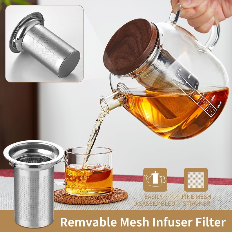 DOPUDO Glass Teapot With Stainless Steel Infuser 1200ml, Glass Tea