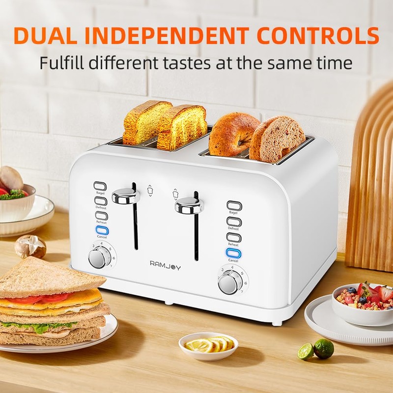 RAMJOY White Toaster 4 Slice, Dual Independent Controls, Extra Wide