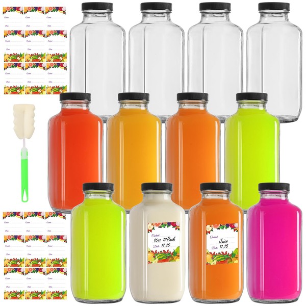 EkkoVla 12 Pack 16 oz Glass Juice Bottles with Lids,
