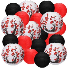 Mudder 20 Pieces Chinese Japanese Paper Lanterns Includes Cherry Flowers Paper Lanterns for Hibachi Birthday Party Asia Home Restaurant Wedding Decor(Red White and Black,Zen Style)