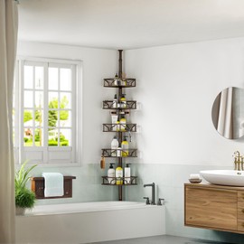 Skycarper 5 Tier Adjustable Corner Shower Caddy Organizer with Hooks,Rustproof Tension Pole 62-116 Inch,Bronze