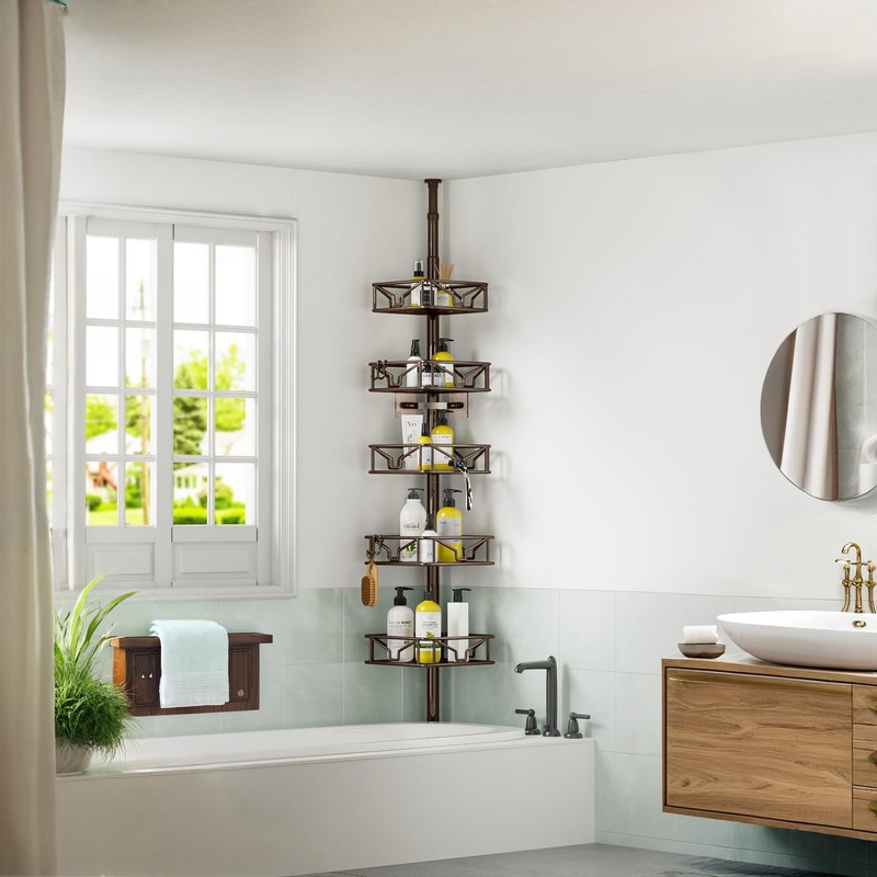 Skycarper 5 Tier Adjustable Corner Shower Caddy Organizer with Hooks,Rustproof