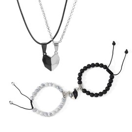 4Pcs Couple Necklace Bracelet Set Matching Wishing Stone Heart His and Her Promise Pendant Necklace Bracelet for Women Men Long Distance Relationship Natural Stone Bead Couple Jewelry (black+silver)