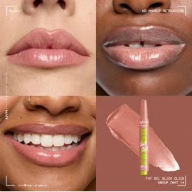 NYX Professional Makeup, Fat Oil Slick Click. Tono: Group Chat (nude claro con brillos). Brillo de labios en barra, hidrata hasta por 12hrs, infusión de aceite de aguacate y frambuesa.