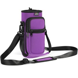Nuovoware Water Bottle Carrier Bag, 25oz/32oz Bottle Pouch Holder, Adjustable Shoulder Hand Strap 2 Pocket Sling Neoprene Sleeve Sports Accessories for Men/Women Hiking Travelling, Purple