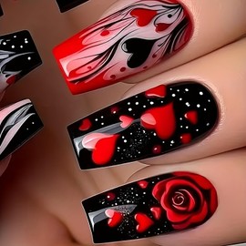 TBRZTR Valentine's Day Press on Nails Medium Red Love Heart Rose Design Holiday Acrylic Nails Full Cover Glossy False Nails Valentine's Gift Manicure Artificial Nails Glue o Nails for Women 24Pcs