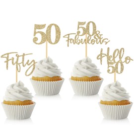 48 piezas de decoraciones para cupcakes de 50 cumpleaños, con purpurina Hello 50 cupcakes, 50 fabulosas 50 selecciones de cupcakes para feliz 50 cumpleaños, boda, aniversario, fiesta, decoración de pasteles, color champaña dorado