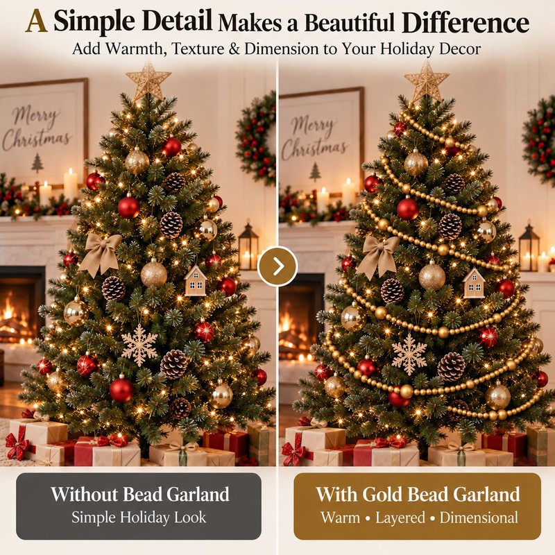 Gold Christmas Wood Bead Garland, 12 FT Farmhouse Boho Tree