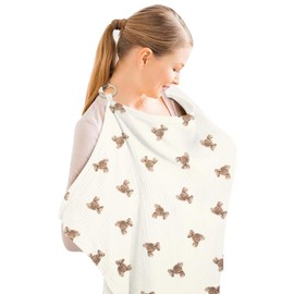 Aolso Breastfeeding Cover Nursing Cover, Muslin Cotton Soft Breathable Nursing Cover, Adjustable Strap Breast Feeding Coverall for Car Seat Blanket and Stroller Coverall (White-Bear)