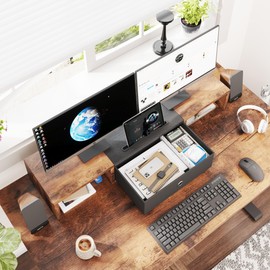 Dual Monitor Stand Riser with Drawer - 36Inch Large Storage Computer Monitor Stands for 2 Monitors, Wooden Desktop Organizer Perfect for Home Office Desk, Computer, Laptop, TV