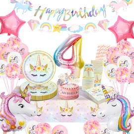 yosiio Unicorn Party Tableware Set, Unicorn 4th Birthday Decoration Set, Children's Birthday Party Paper Plate Set With Unicorn Balloons for Girls 4 Years Birthday Unicorn Theme Party Supplies