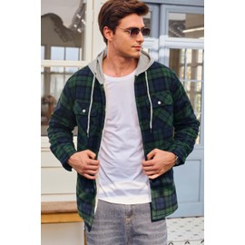 Cotrasen Winter Jackets for Men Sherpa Lined Shirt Insulated Flannel Jacket Mens Fleece Jackets Coats Cotton Plaid Jacket with Hood Green L