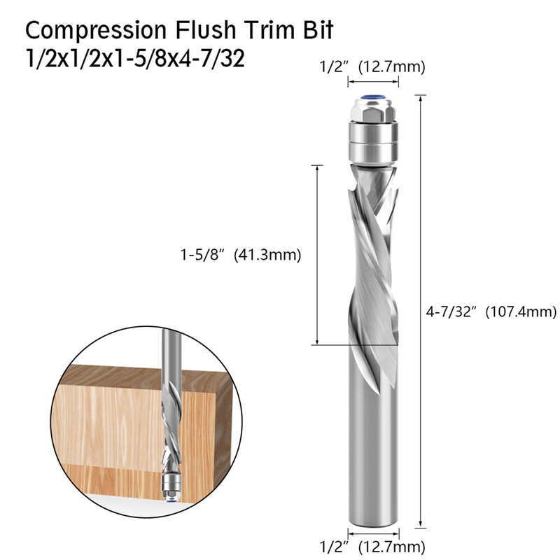 Compression Flush Trim Router Bit Cemented Carbide 1/2 Shank Spiral