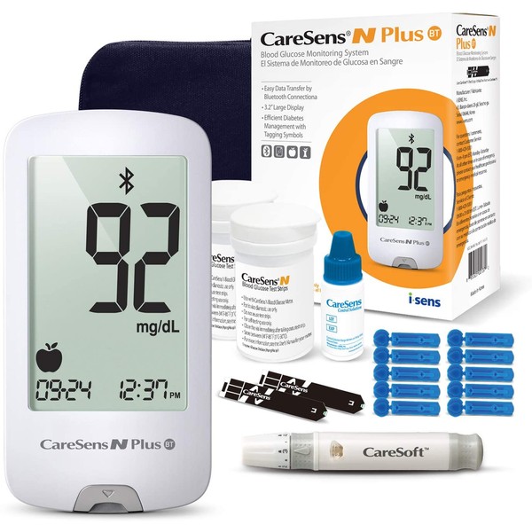 CareSens N Plus Bluetooth Blood Diabetes Monitoring Kit (Auto Coding) - 1 Glucose Meter with 100 Glucose Test Strips, 1 Control Solution, 1 Lancing Device, 100 Lancets, 1 Carrying Case, 2 Batteries