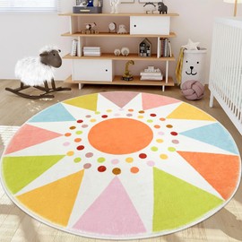 Lacomfy Round Boho Kids Rug 5.2Ft Circle Sun Play Area Rug Colorful Classroom Bedroom Playroom Carpet for Boys Girls Nursery Mat for Children Modern Abstract Playmat, Orange, 5Ft