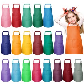 MALLOOM Pack of 20 Children's Aprons, Children's Adjustable Cooking Apron with 2 Pockets, Child Kitchen Aprons Craft Aprons Set for Kitchen, Cooking, Painting, Baking, Boys & Girls (7-13 Years),