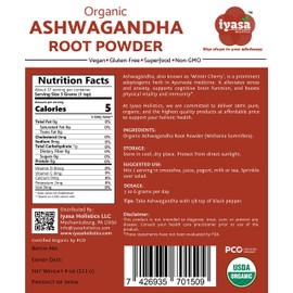 Iyasa Holistics Organic Ashwagandha Powder, Withania Somnifera, Trial Pack of 4 Oz/112 Gm, Raw Superfood, Boosts Sleep and Energy, Always Fresh, Resealable Pouch of 4 oz / 113gm